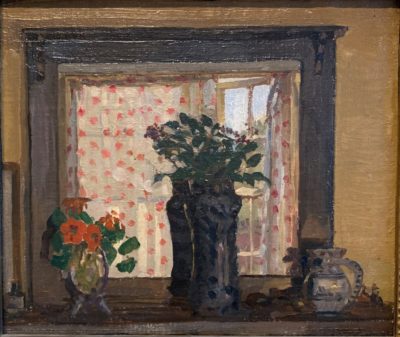 Harold Gilman (1876-1919)A Vase of Flowers on a Sideboard with a mirror behind - 
